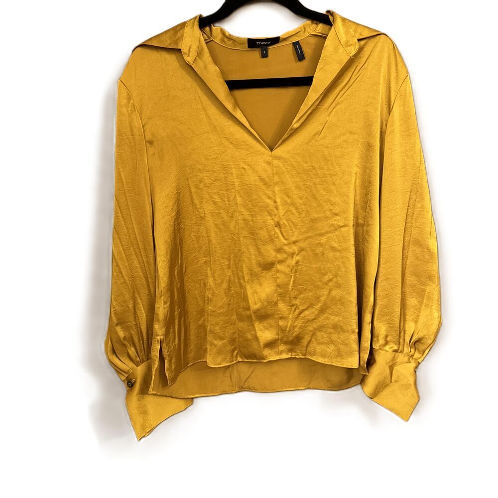 Theory Yellow Long Sleeve V Neck Blouse Womens Petite